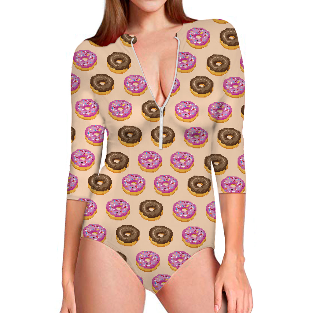 8-Bit Pixel Donut Print Long Sleeve Swimsuit