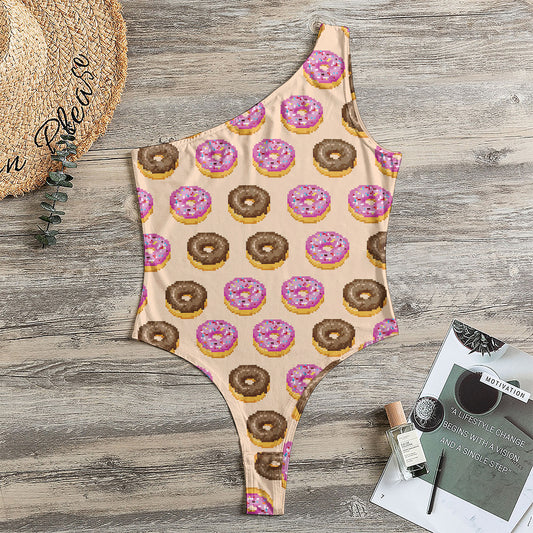 8-Bit Pixel Donut Print One Shoulder Bodysuit