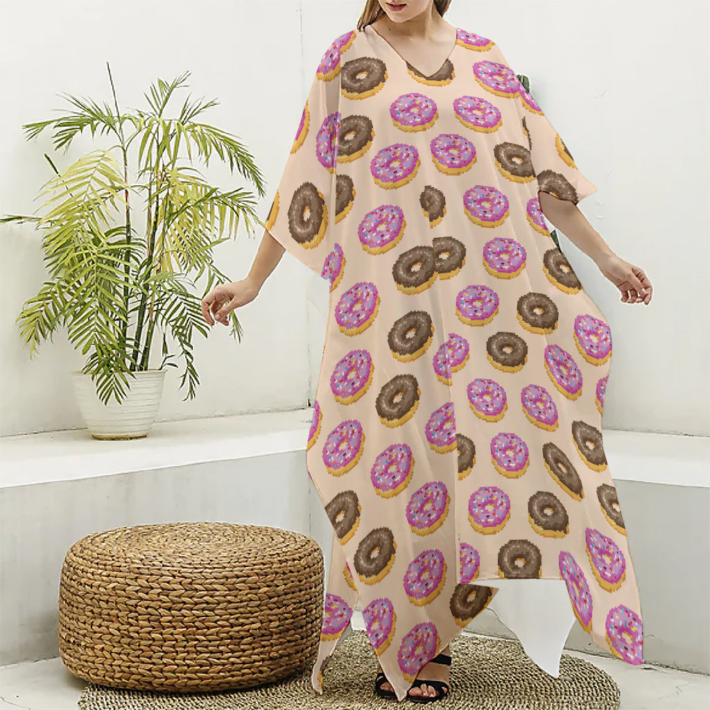 8-Bit Pixel Donut Print Silk V-Neck Kaftan Dress