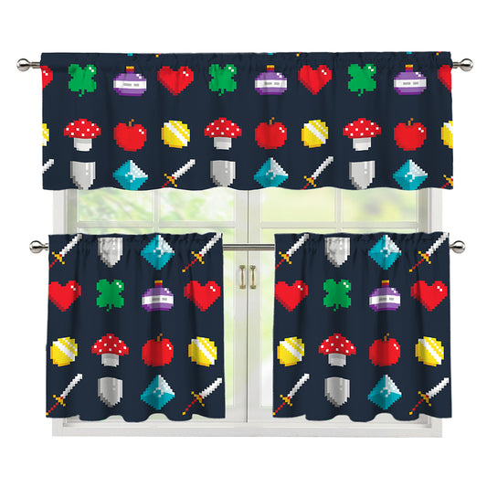 8-Bit Pixel Game Items Print 3 Piece Kitchen Curtains