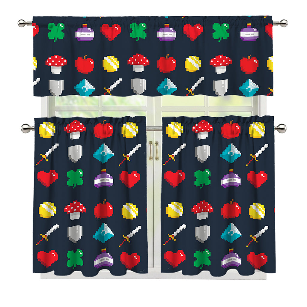 8-Bit Pixel Game Items Print 3 Piece Kitchen Curtains