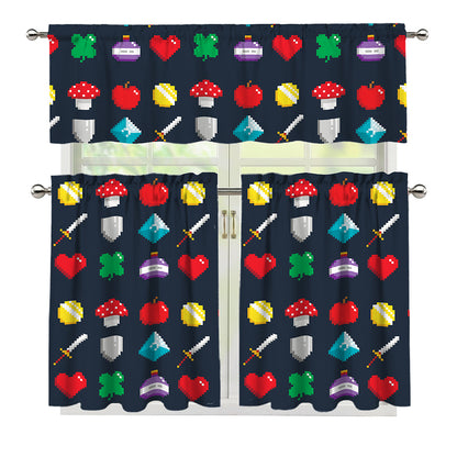 8-Bit Pixel Game Items Print 3 Piece Kitchen Curtains