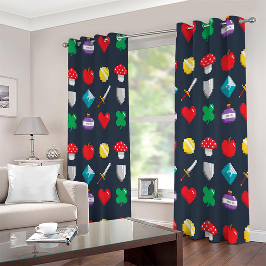 8-Bit Pixel Game Items Print Extra Wide Grommet Curtains