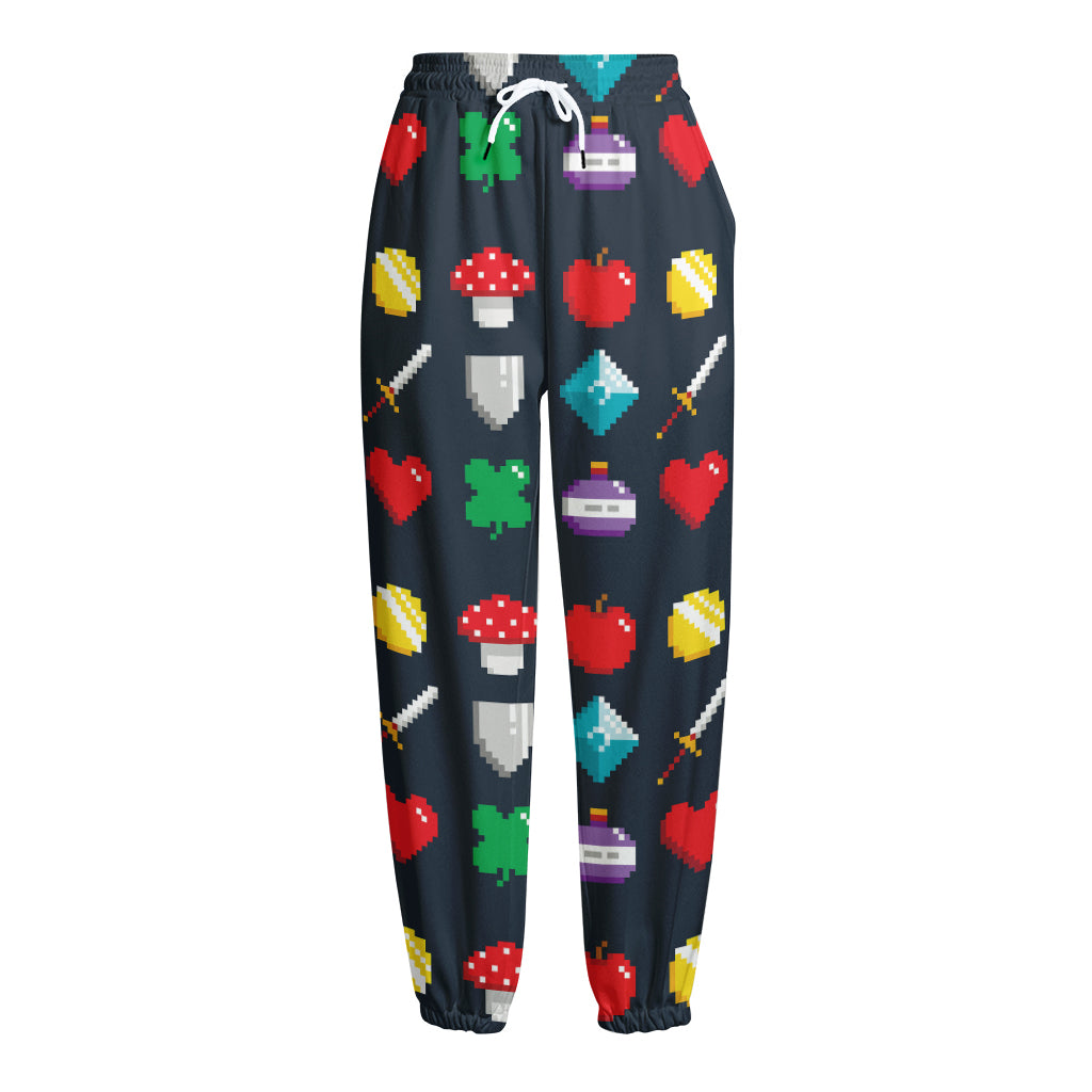 8-Bit Pixel Game Items Print Fleece Lined Knit Pants