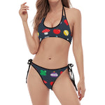 8-Bit Pixel Game Items Print Halter Scoop Tie Side Bikini
