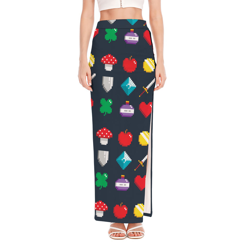 8-Bit Pixel Game Items Print High Slit Maxi Skirt