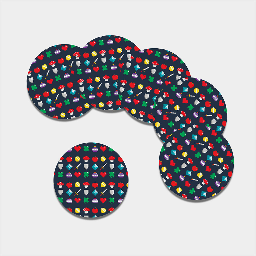 8-Bit Pixel Game Items Print Leather Coaster Set