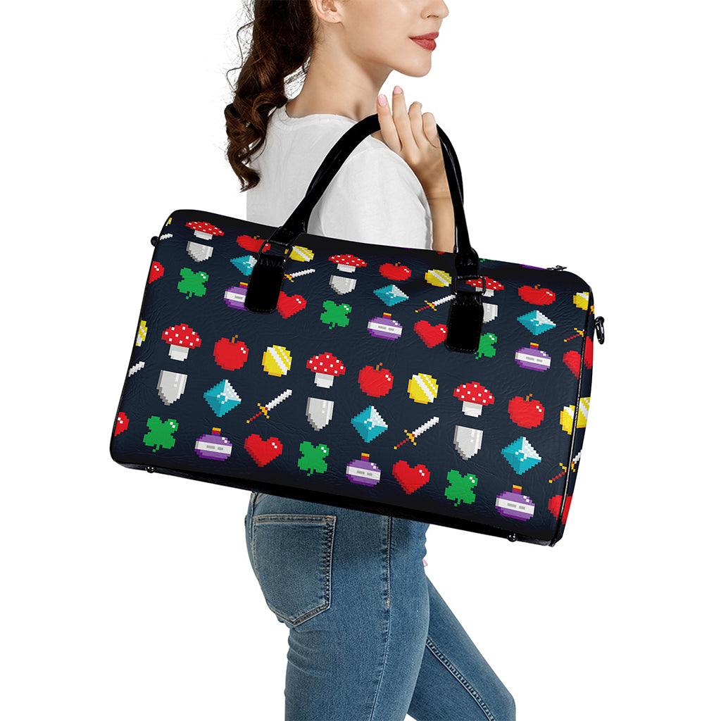 8-Bit Pixel Game Items Print Leather Duffle Bag
