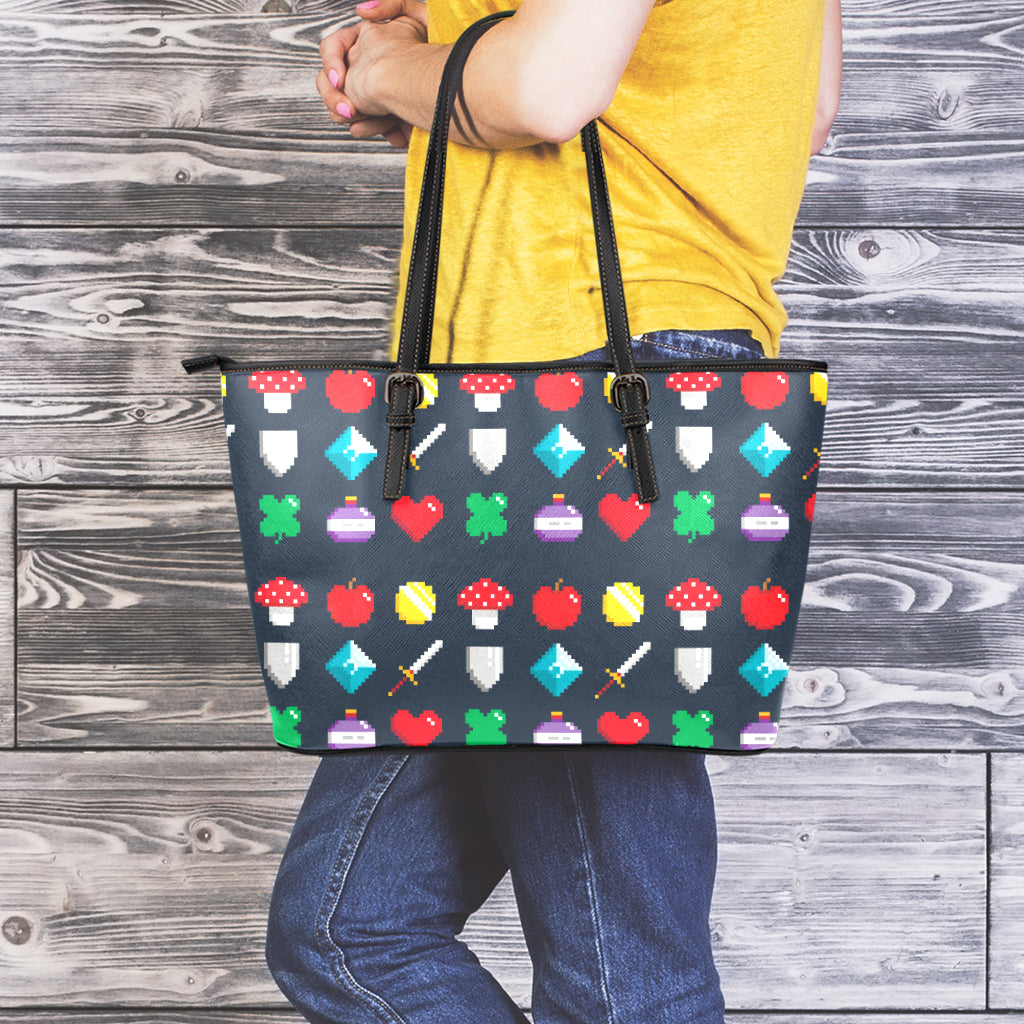 8-Bit Pixel Game Items Print Leather Tote Bag