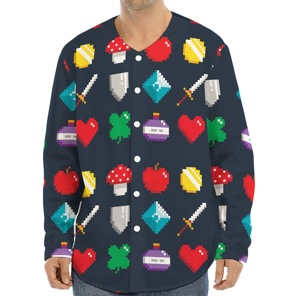8-Bit Pixel Game Items Print Long Sleeve Baseball Jersey