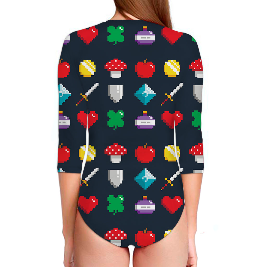 8-Bit Pixel Game Items Print Long Sleeve Swimsuit