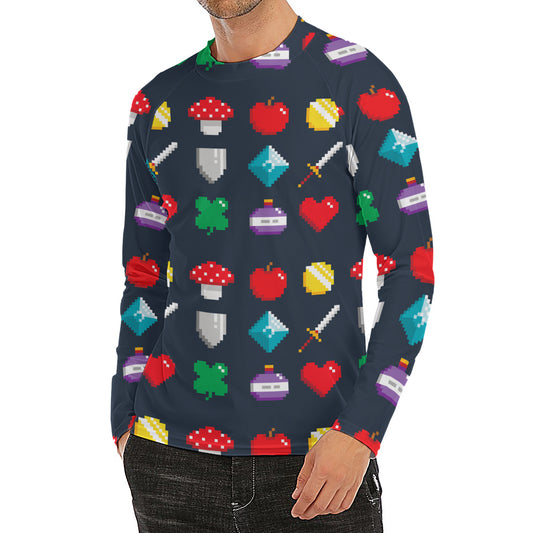 8-Bit Pixel Game Items Print Men's Long Sleeve Rash Guard