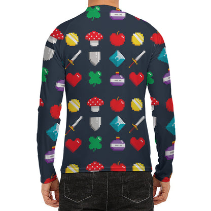 8-Bit Pixel Game Items Print Men's Long Sleeve Rash Guard