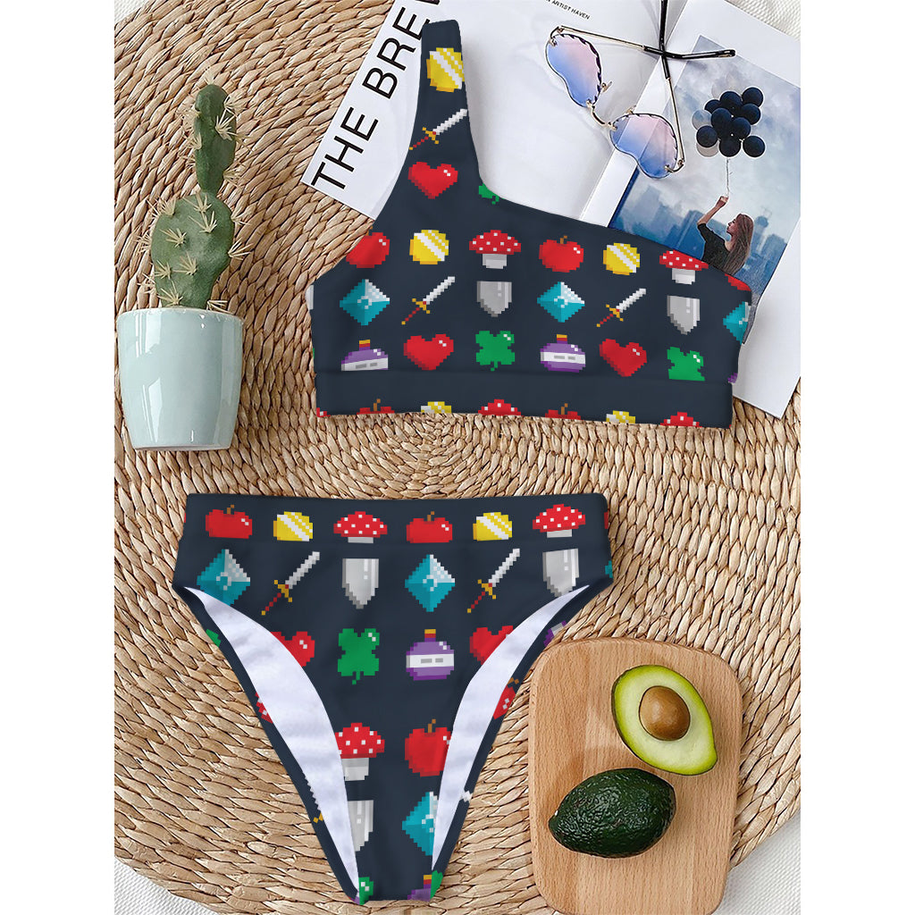 8-Bit Pixel Game Items Print One Shoulder Bikini Top