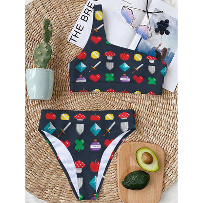 8-Bit Pixel Game Items Print One Shoulder Bikini Top