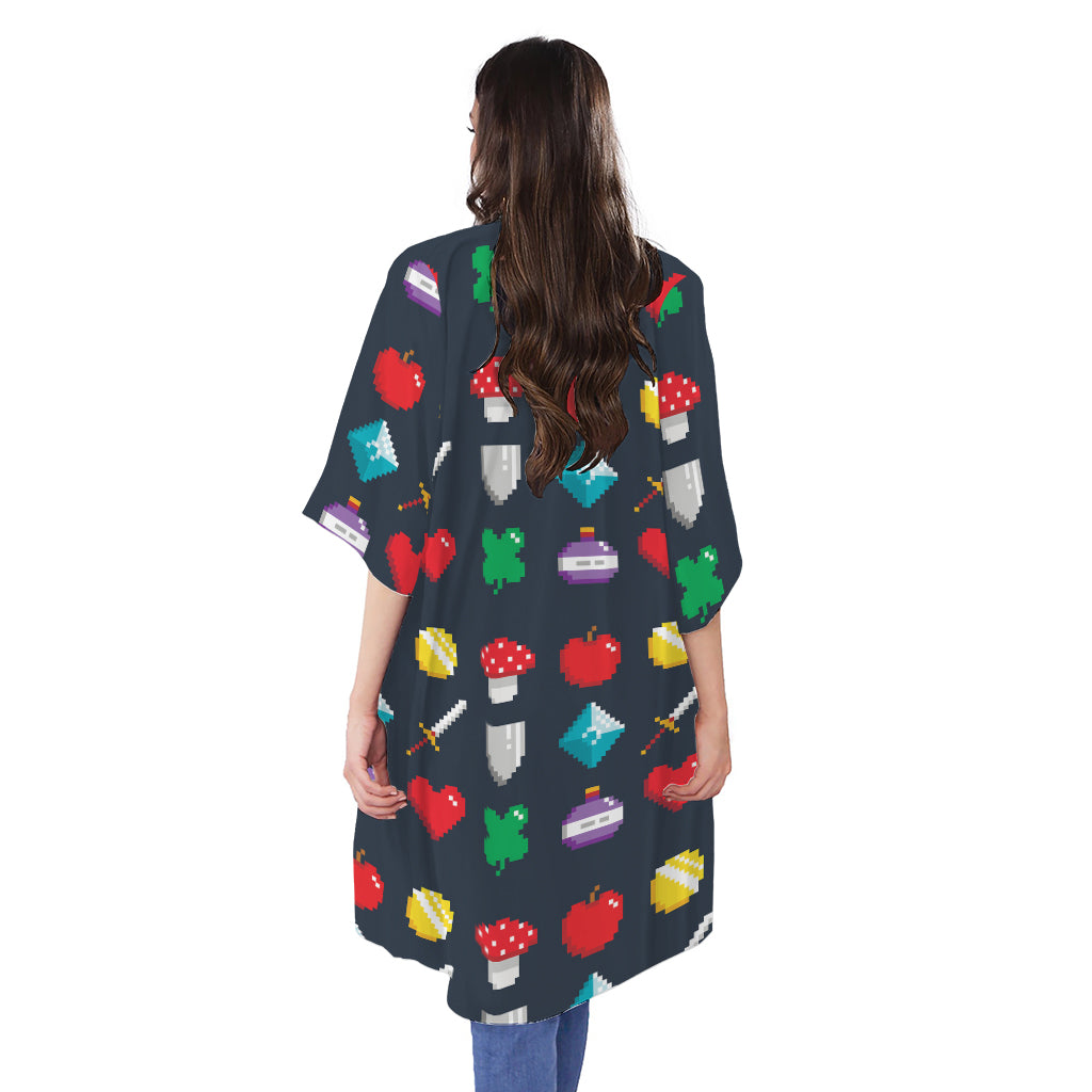8-Bit Pixel Game Items Print Open Front Beach Cover Up