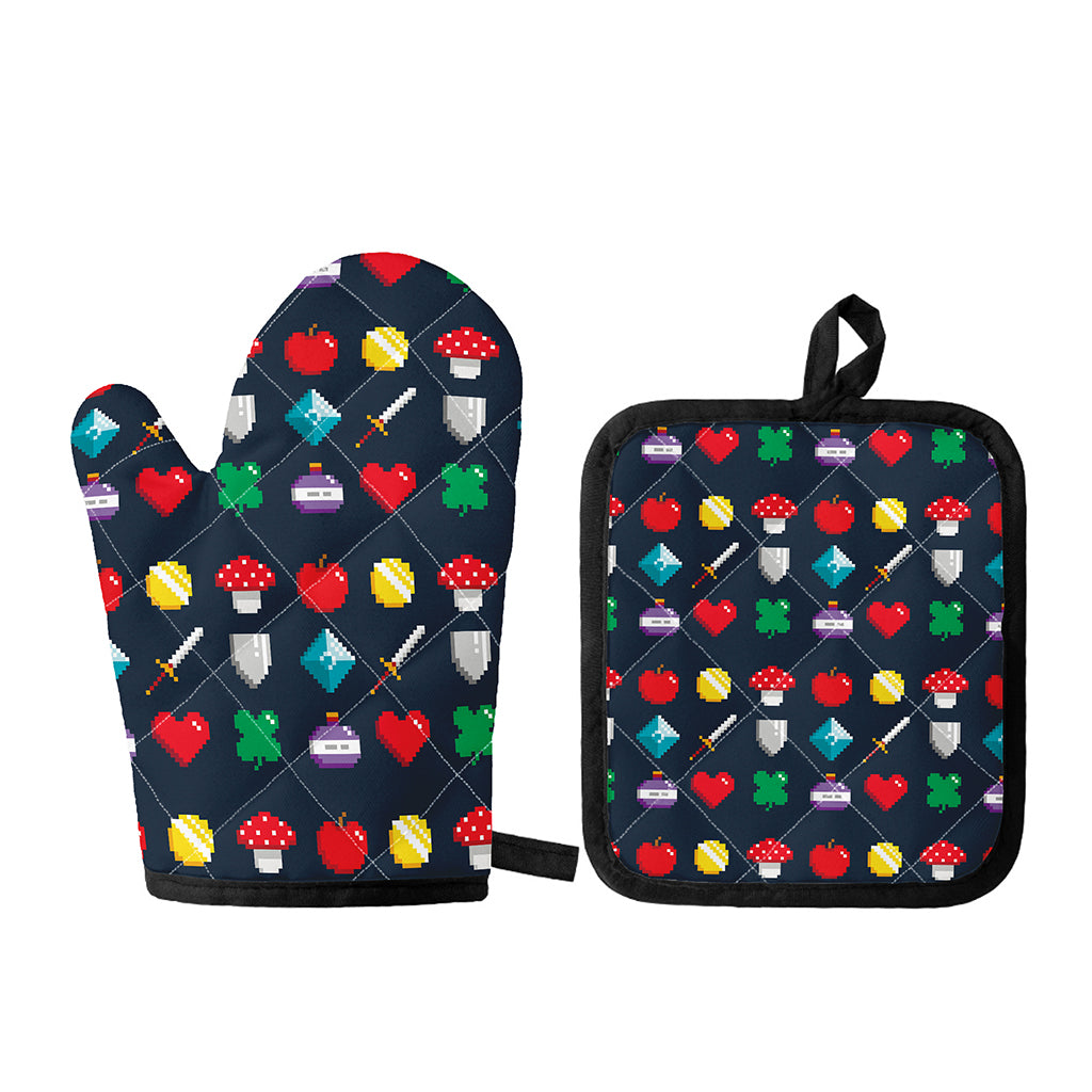 8-Bit Pixel Game Items Print Oven Mitt And Pot Holder Set