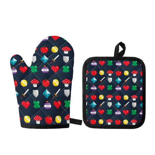 8-Bit Pixel Game Items Print Oven Mitt And Pot Holder Set