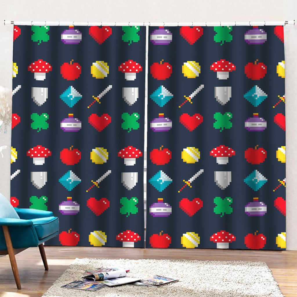 8-Bit Pixel Game Items Print Pencil Pleat Curtains