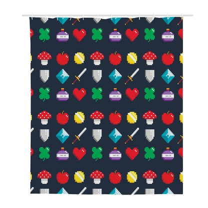 8-Bit Pixel Game Items Print Polyester Shower Curtain