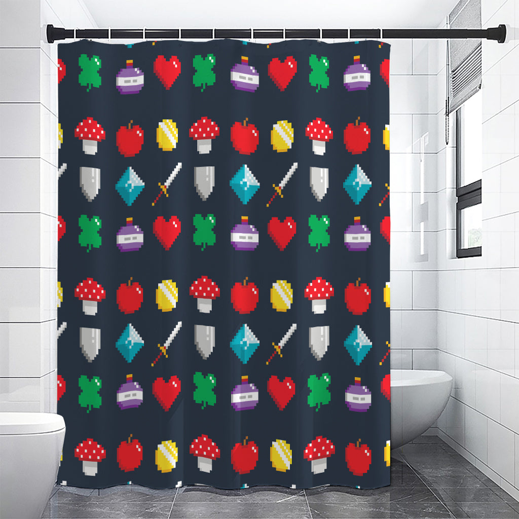 8-Bit Pixel Game Items Print Premium Shower Curtain