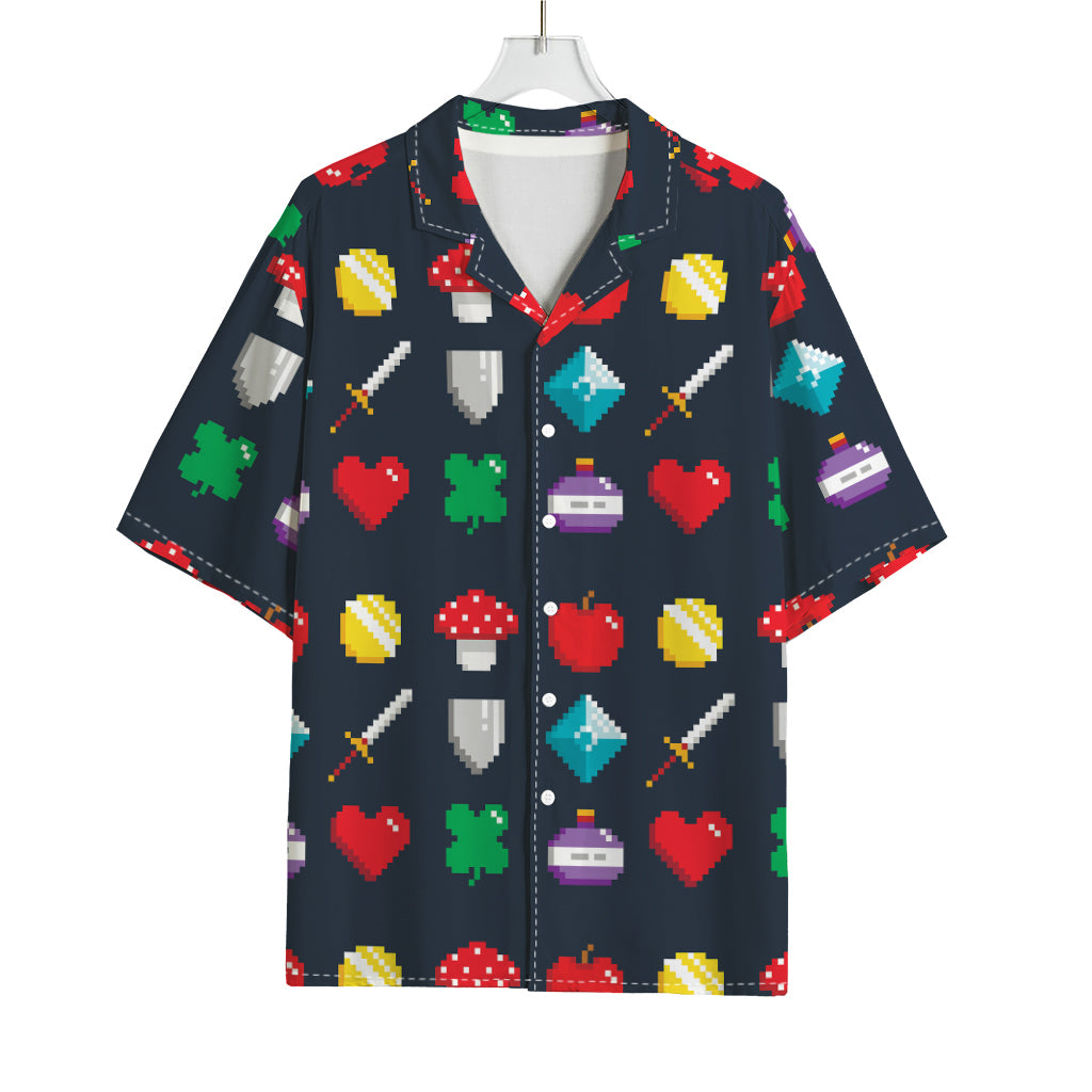 8-Bit Pixel Game Items Print Rayon Hawaiian Shirt