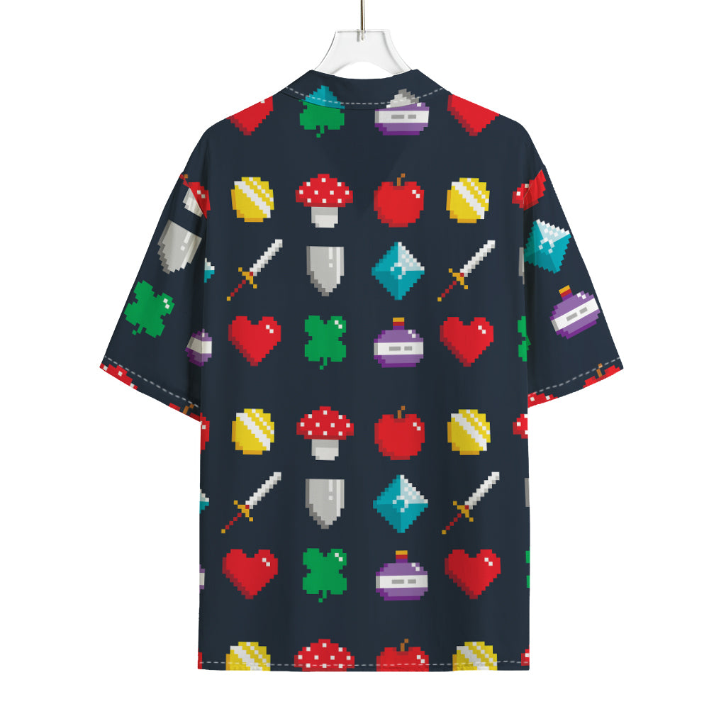 8-Bit Pixel Game Items Print Rayon Hawaiian Shirt