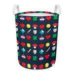 8-Bit Pixel Game Items Print Round Laundry Basket