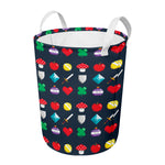 8-Bit Pixel Game Items Print Round Laundry Basket
