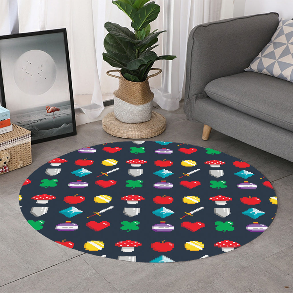 8-Bit Pixel Game Items Print Round Rug