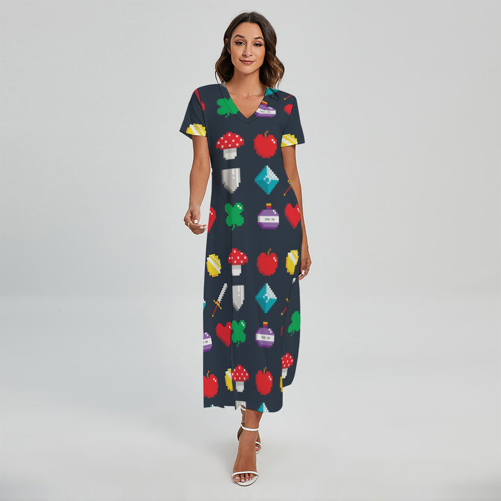 8-Bit Pixel Game Items Print Short Sleeve Maxi Dress