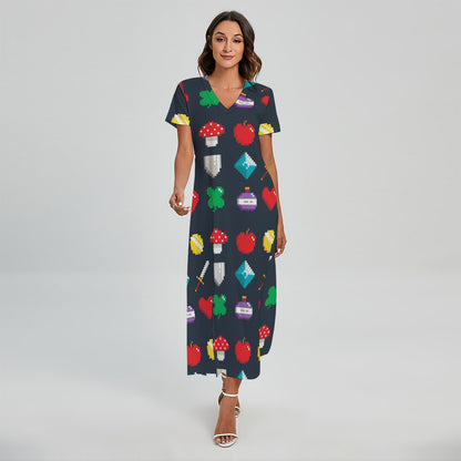 8-Bit Pixel Game Items Print Short Sleeve Maxi Dress