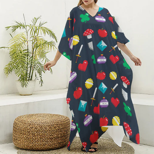 8-Bit Pixel Game Items Print Silk V-Neck Kaftan Dress