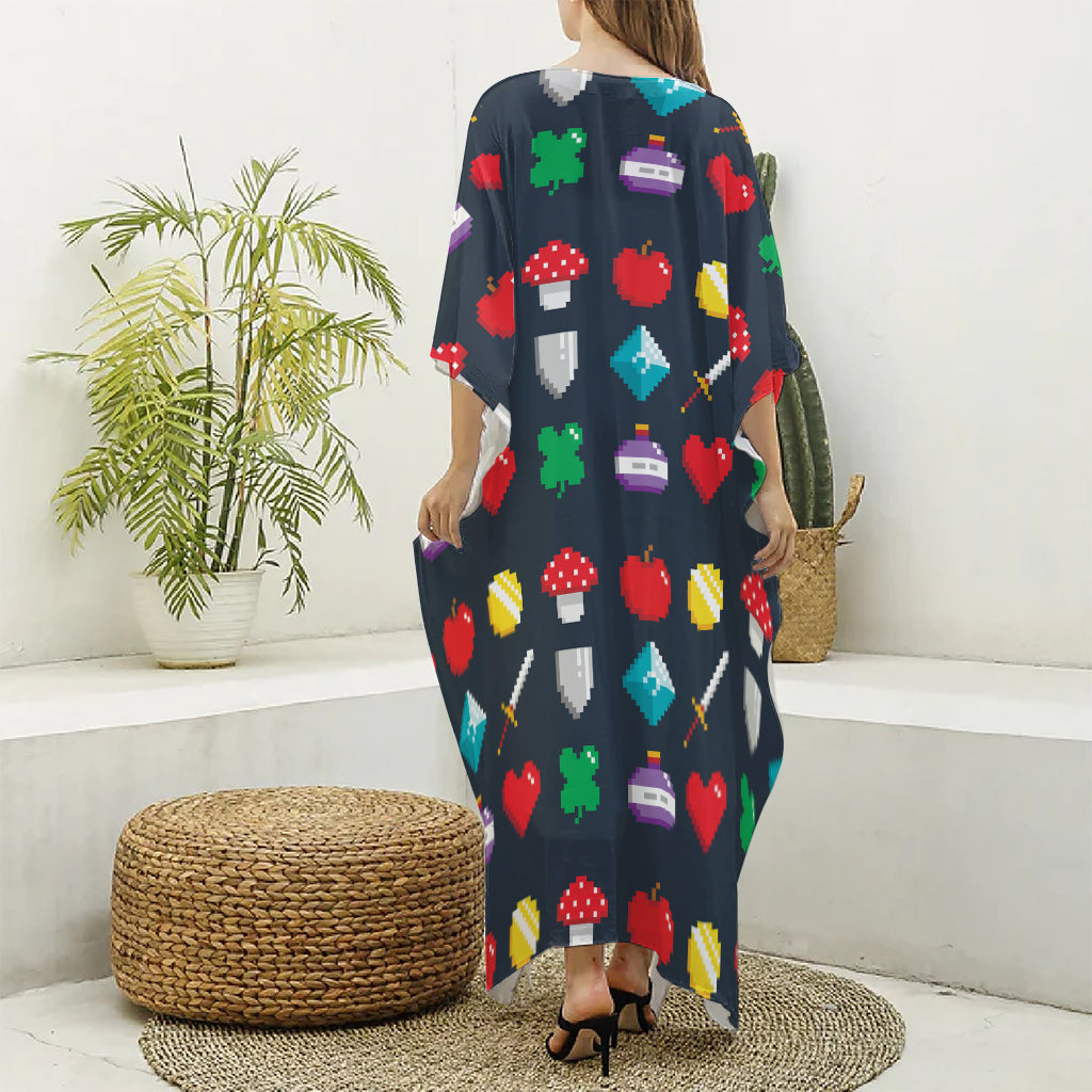 8-Bit Pixel Game Items Print Silk V-Neck Kaftan Dress