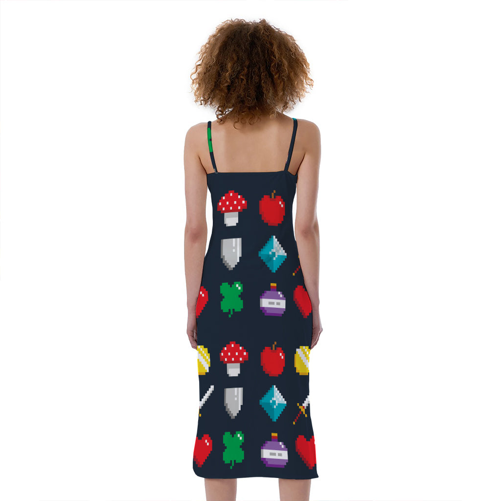 8-Bit Pixel Game Items Print Slim Fit Midi Cami Dress