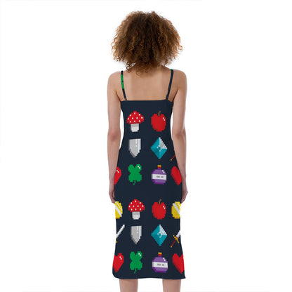 8-Bit Pixel Game Items Print Slim Fit Midi Cami Dress