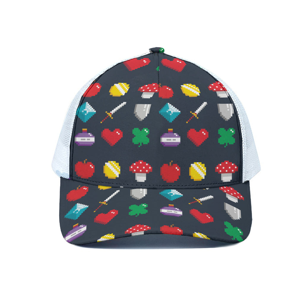 8-Bit Pixel Game Items Print White Mesh Trucker Cap