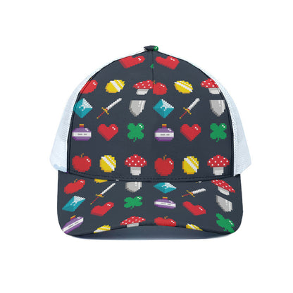8-Bit Pixel Game Items Print White Mesh Trucker Cap