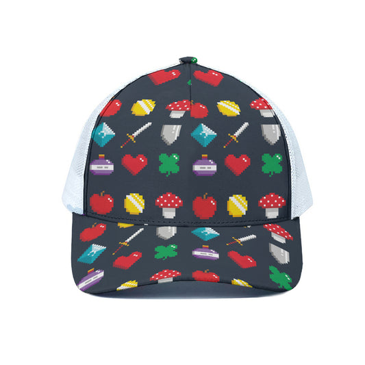 8-Bit Pixel Game Items Print White Mesh Trucker Cap