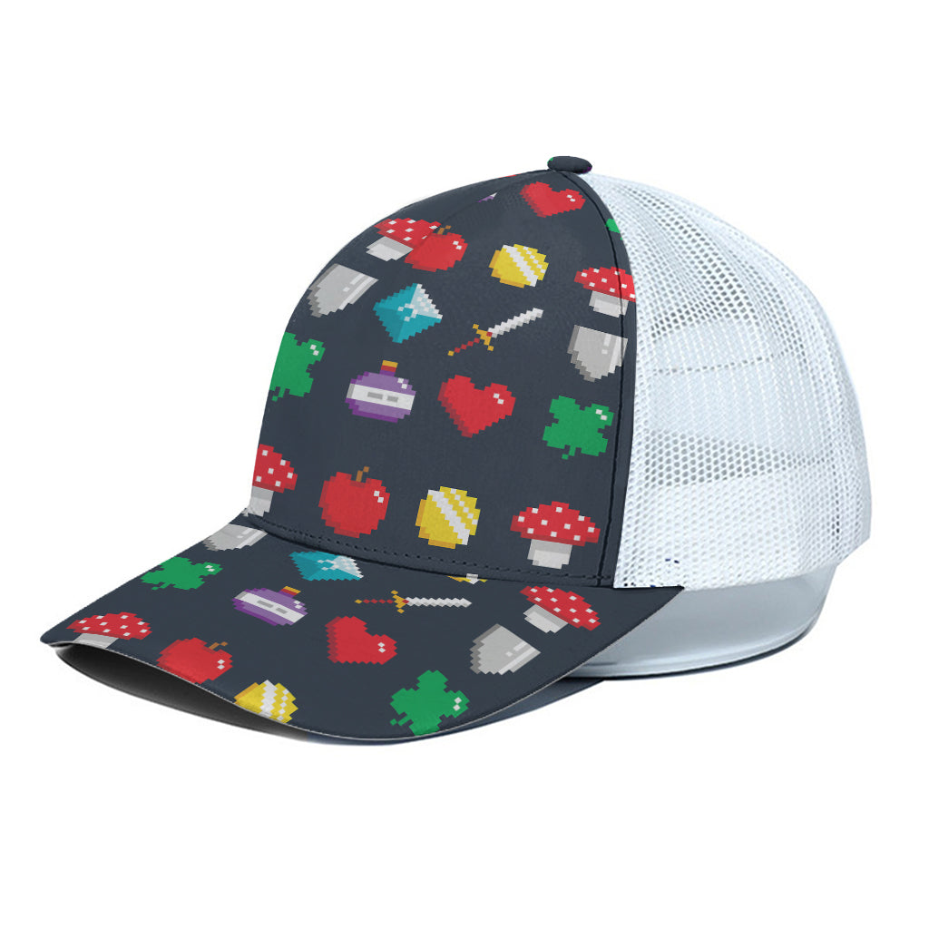 8-Bit Pixel Game Items Print White Mesh Trucker Cap
