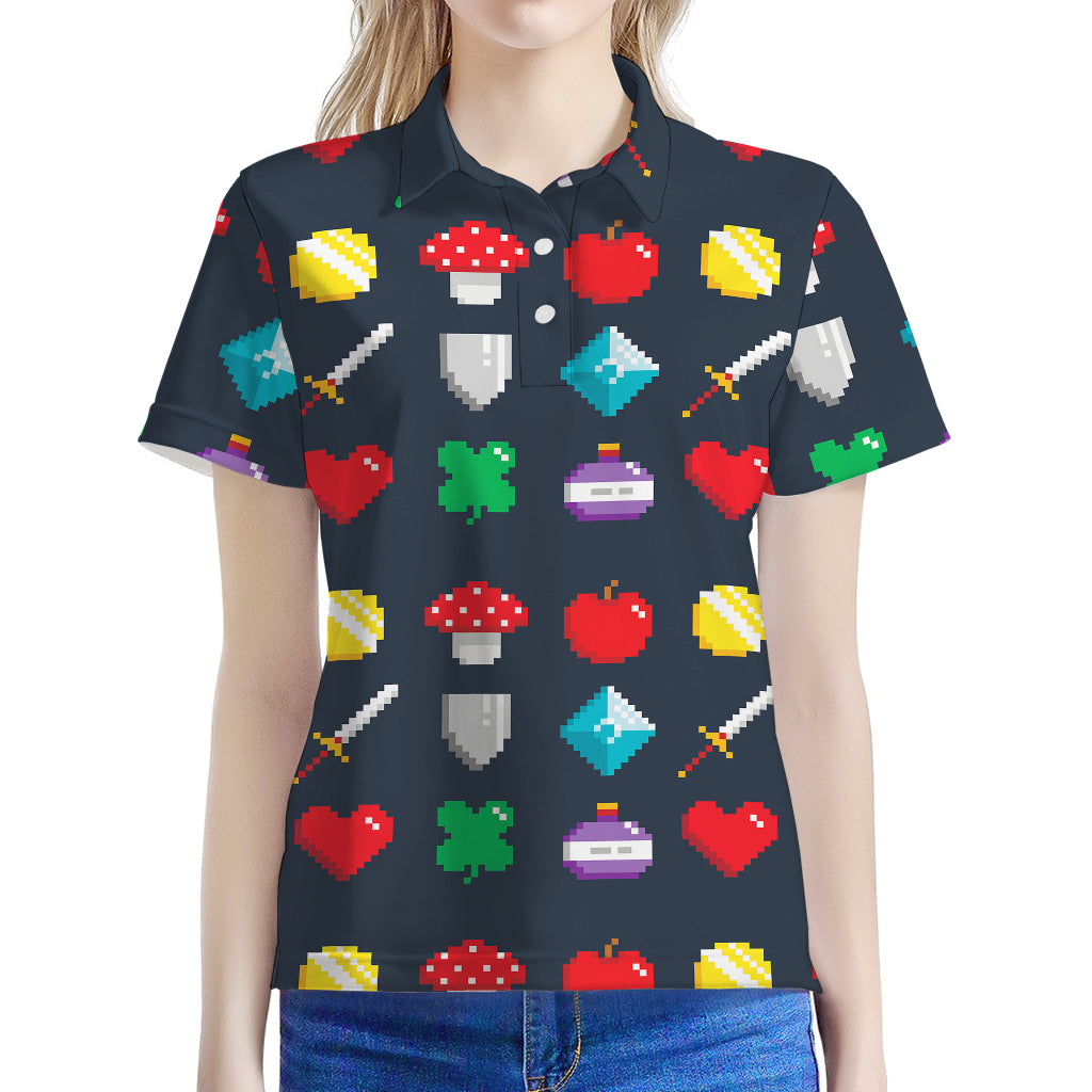 8-Bit Pixel Game Items Print Women's Polo Shirt
