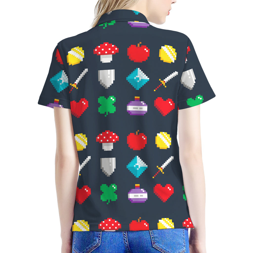 8-Bit Pixel Game Items Print Women's Polo Shirt