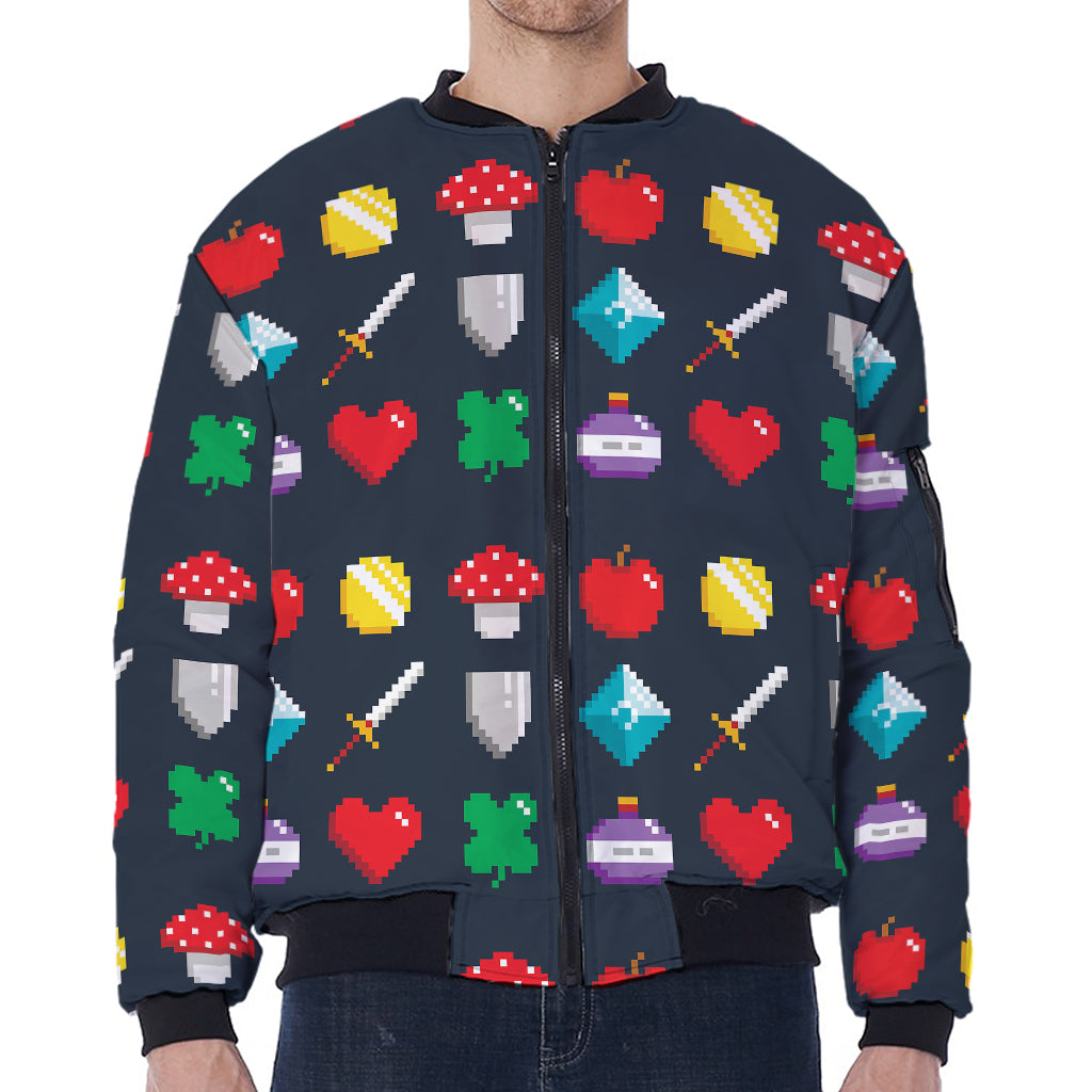 8-Bit Pixel Game Items Print Zip Sleeve Bomber Jacket
