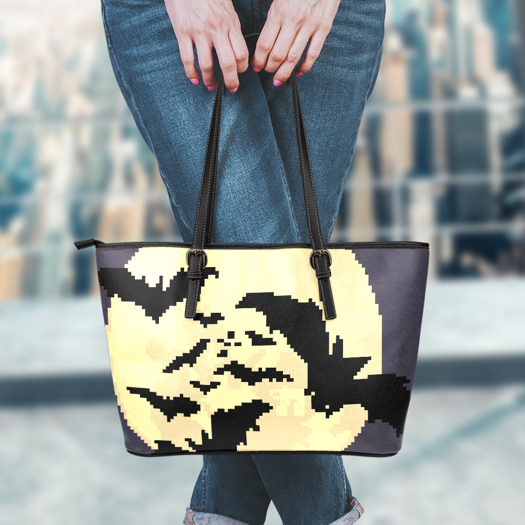 8-Bit Pixel Halloween Bat Print Leather Tote Bag