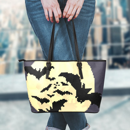 8-Bit Pixel Halloween Bat Print Leather Tote Bag