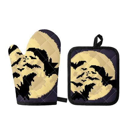 8-Bit Pixel Halloween Bat Print Oven Mitt And Pot Holder Set