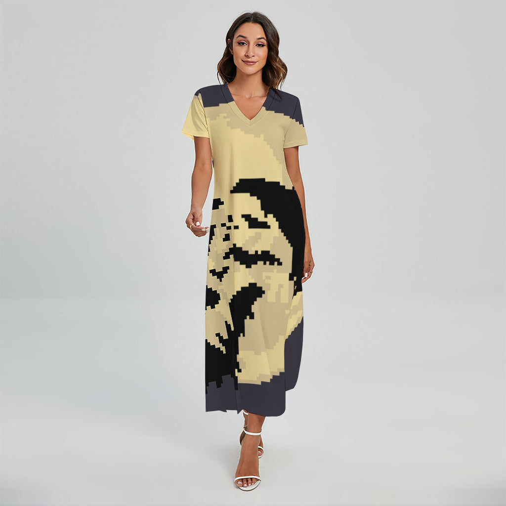 8-Bit Pixel Halloween Bat Print Short Sleeve Maxi Dress