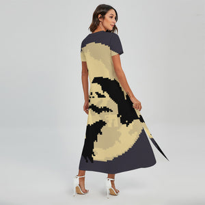 bat sleeve maxi dress 8-Bit Pixel Halloween Bat Print Short Sleeve Maxi Dress