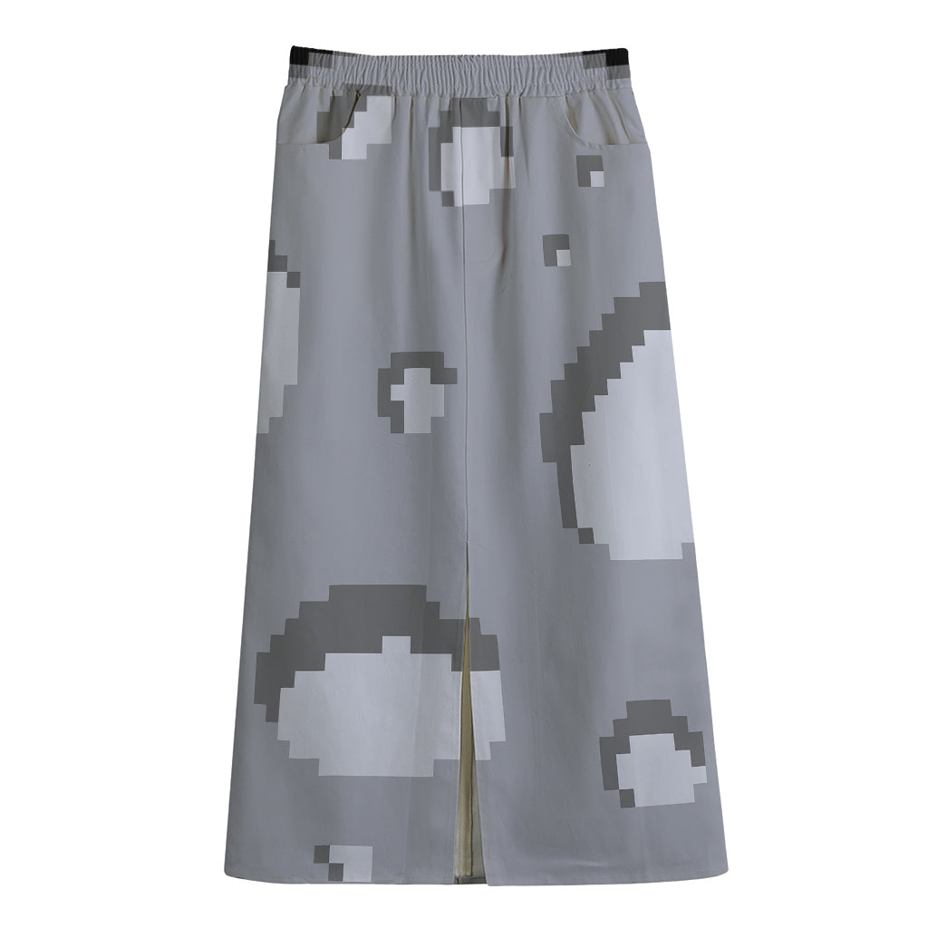 8-Bit Pixel Moon Print Cotton Front Slit Maxi Skirt