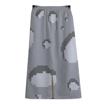 8-Bit Pixel Moon Print Cotton Front Slit Maxi Skirt